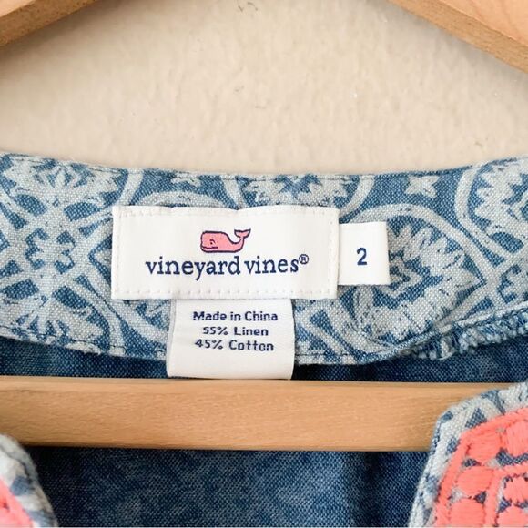 Vineyard Vines Linen Blend Tile Indigo Print Embroidered Mini Dress - Picture 4 of 6